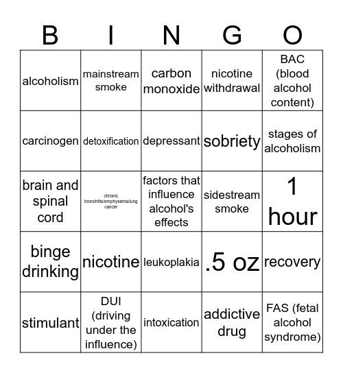 Tobacco/Alcohol Bingo Card