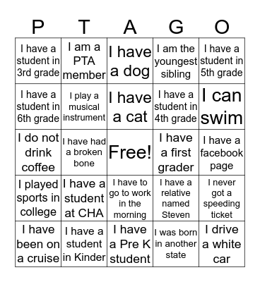 PTA Mixer Bingo Card