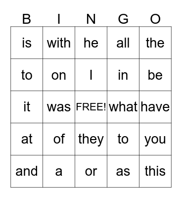 Sight Words Bingo Card