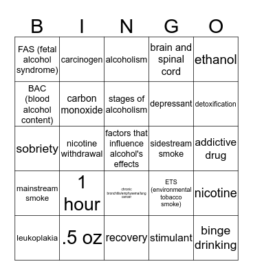 Tobacco/Alcohol Bingo Card