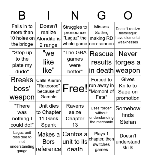 iateyourpie Path of Radiance Bingo Card