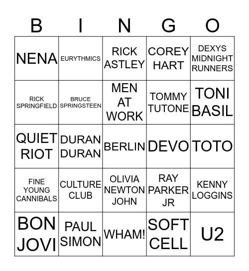 80s MUSIC BINGO Card