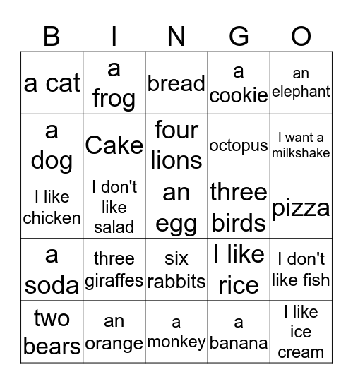 Animals and Food Bingo Card