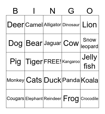 animal card Bingo Card