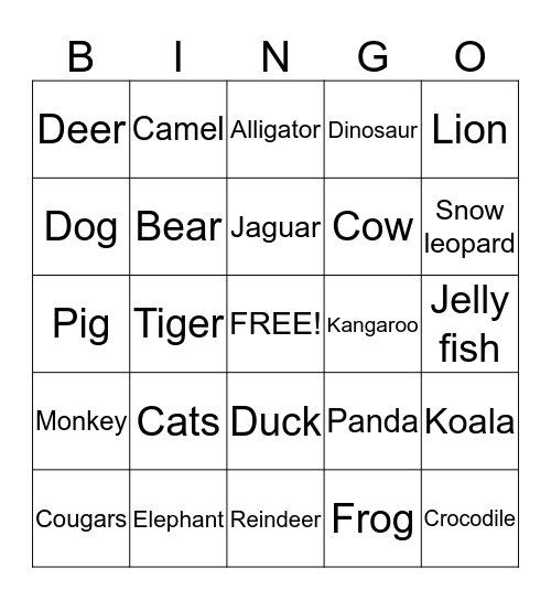 animal card Bingo Card