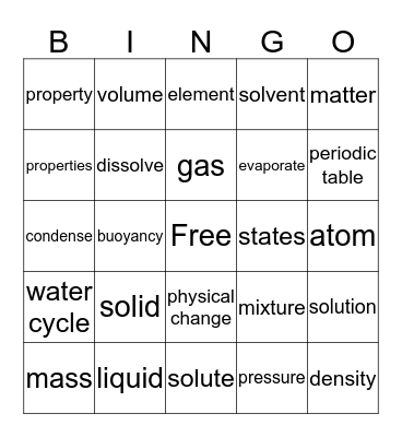 States of Matter Bingo Card