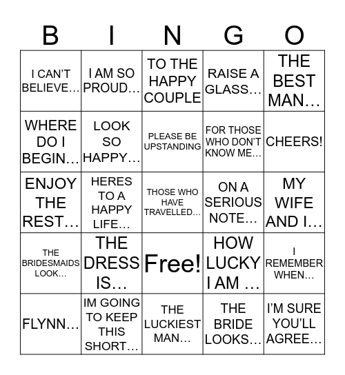 WEDDING SPEECH BINGO Card