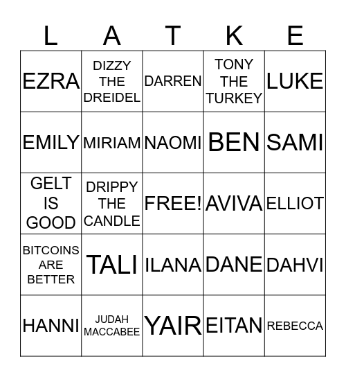 LATKE FAMILY BINGO Card
