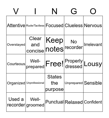 VINGO Bingo Card