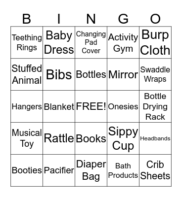 Jessica's Baby Gift Bingo Card