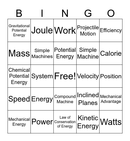Physical Science/Ch. 4 Work and Energy Bingo Card