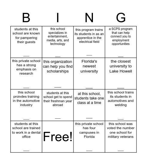 Lake Howell High School College and Career Fair Bingo Card