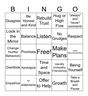 Friendship Repair Bingo Card