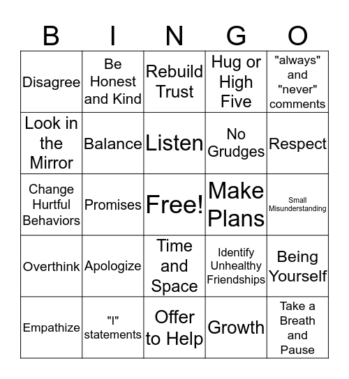 Friendship Repair Bingo Card