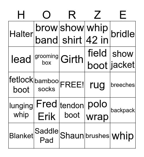 Horze-Equestrian Bingo Card