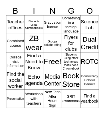 NTZB 8th Grade Tours Bingo Card