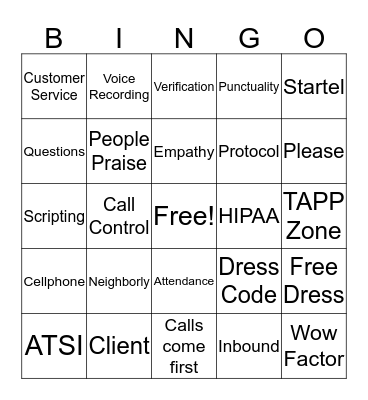 Nationwide Inbound Bingo Card