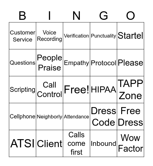 Nationwide Inbound Bingo Card