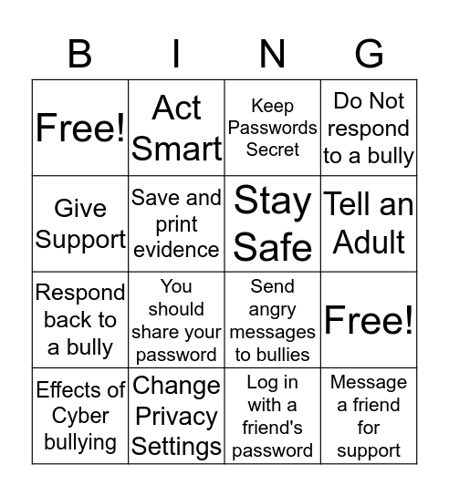 Cyberbullying - Digital Citizenship Bingo Card