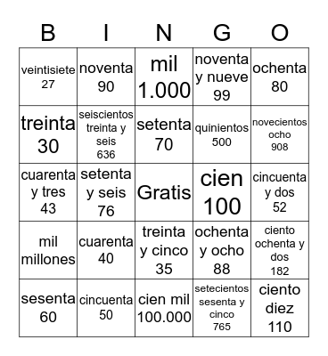 Los Números Bingo Card