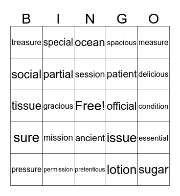 Sh words Bingo Card