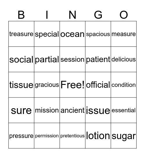 Sh words Bingo Card