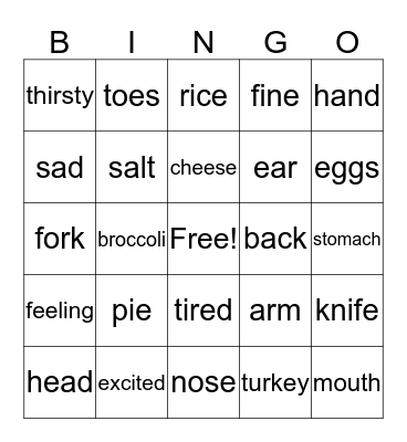 Food (Thanksgiving) and Feelings Bingo Card