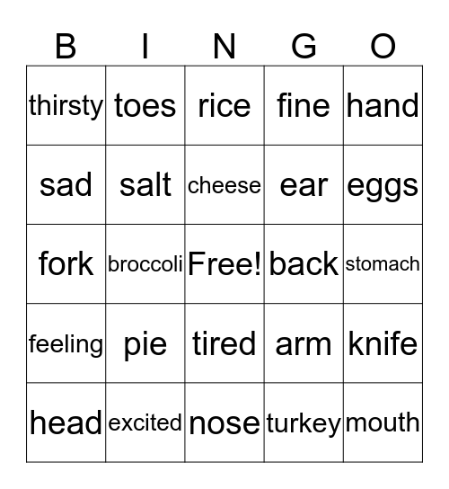 Food (Thanksgiving) and Feelings Bingo Card