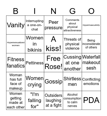 Reality Dating Bingo Card