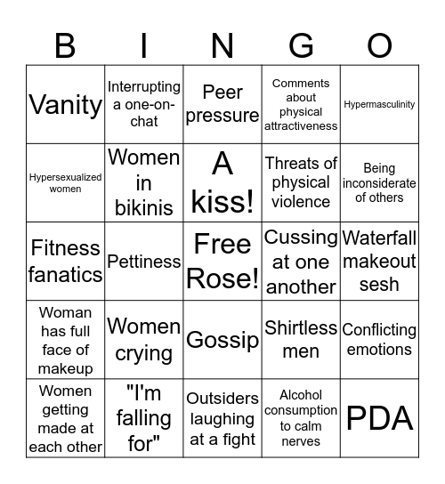 Reality Dating Bingo Card