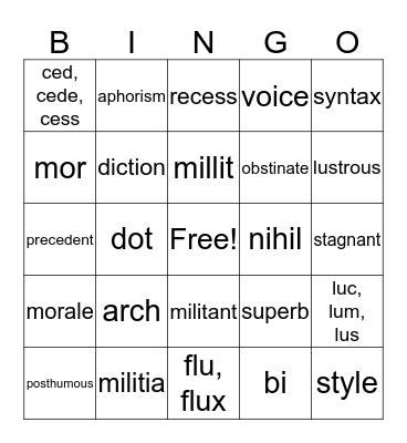 LITERARY TERMS/ VOCAB AND ROOTS  Bingo Card