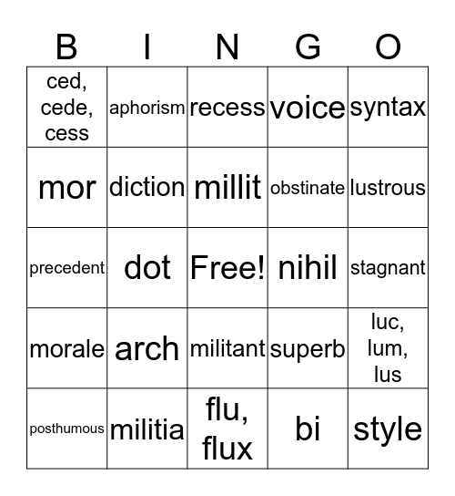 LITERARY TERMS/ VOCAB AND ROOTS  Bingo Card