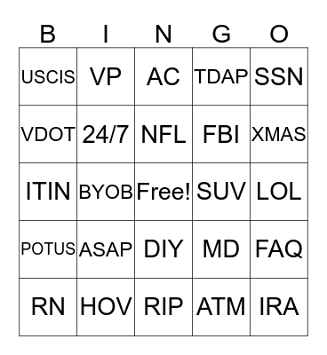 Acronym Bingo Card