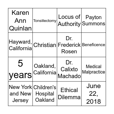 Jahi McMath Bingo Card