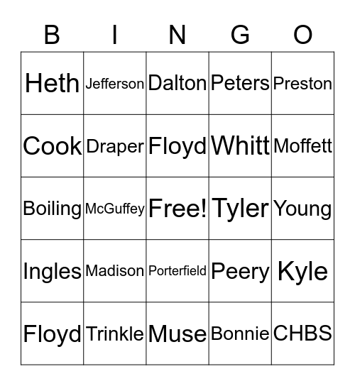Radford University Bingo Card