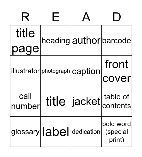 Parts of a Book Bingo HARD version Bingo Card