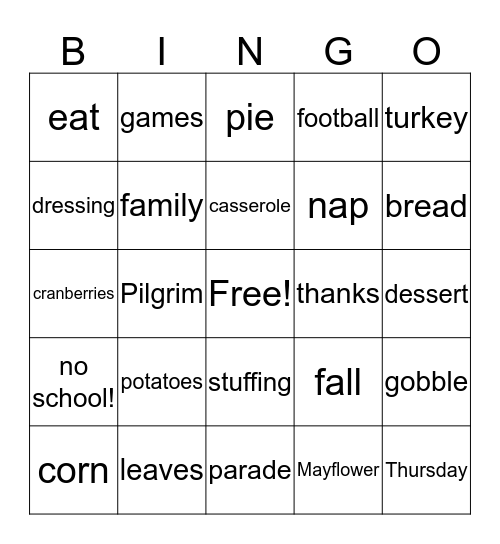 Thanksgiving BINGO Card