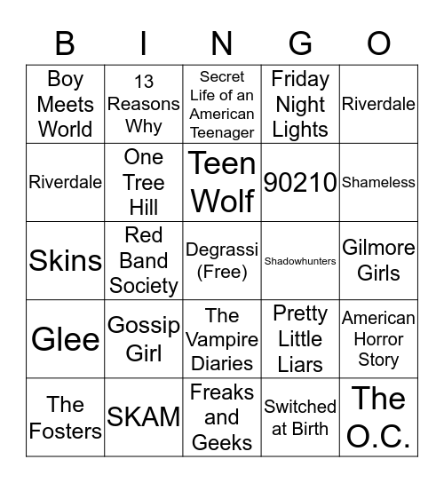 Teen Dramas Bingo Card