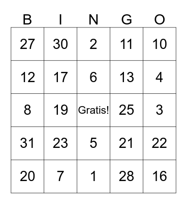 I Numeri 1-31 Bingo Card