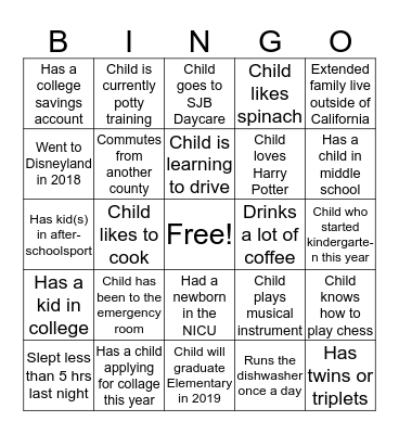 NAP TIME BINGO Card