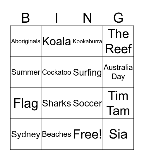 Australia Bingo Card