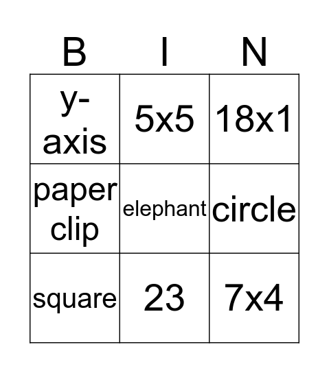 Tester Maths Game Bingo Card