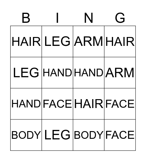 BODY PARTS Bingo Card