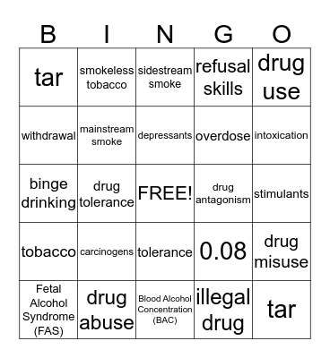 Substance Abuse Bingo Card