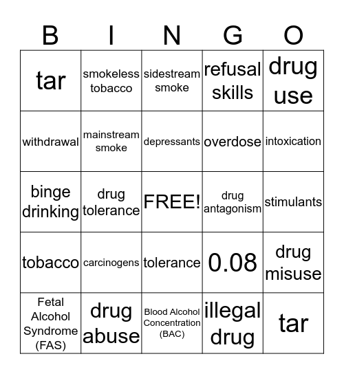Substance Abuse Bingo Card