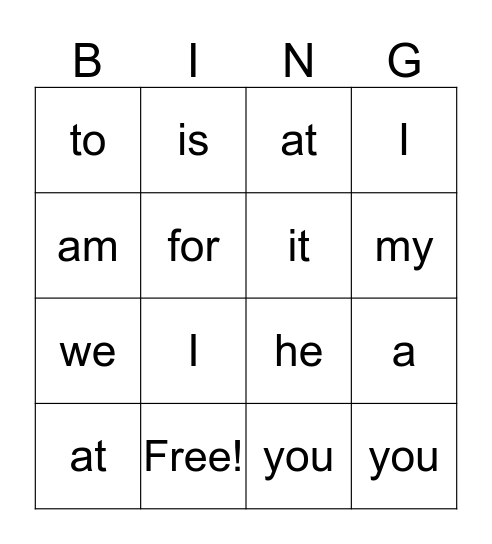 Sight Word  Bingo Card