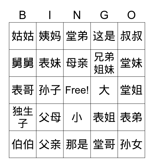 Chinese 1 家和家人(非直系） Bingo Card