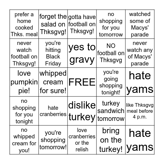 Thanksgiving Fun! Bingo Card