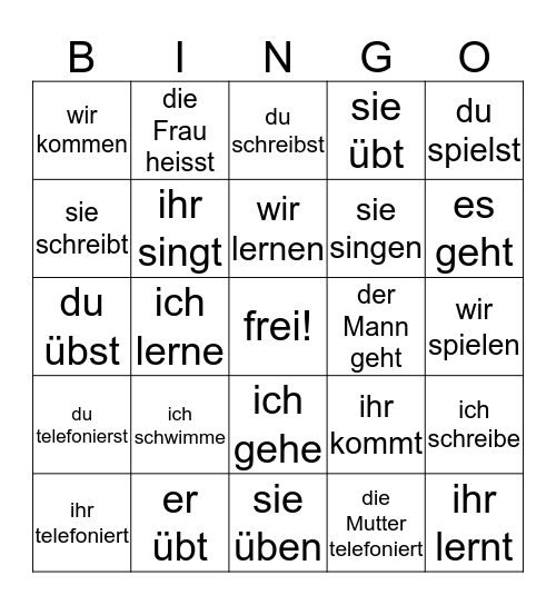 conjugate the verb Bingo Card