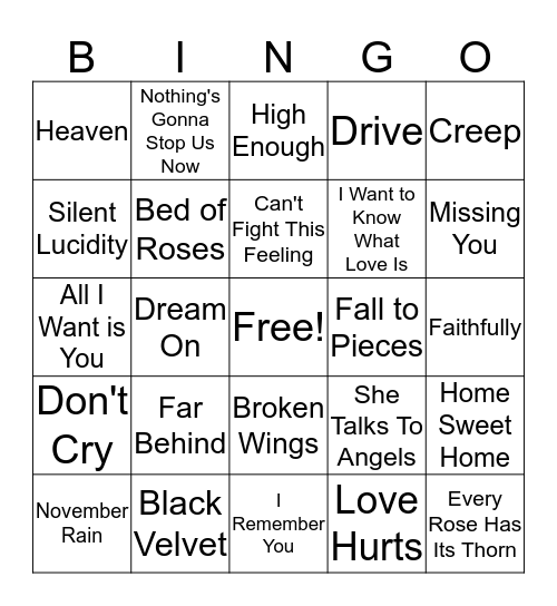 Mental Floss Music Bingo: Power Ballads Bingo Card